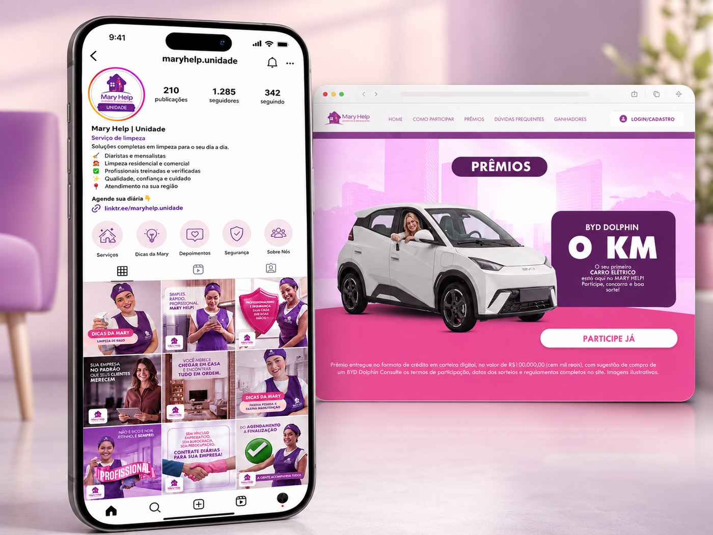 Perfil no Instagram e site de campanha nacional Mary Help, com identidade visual padronizada