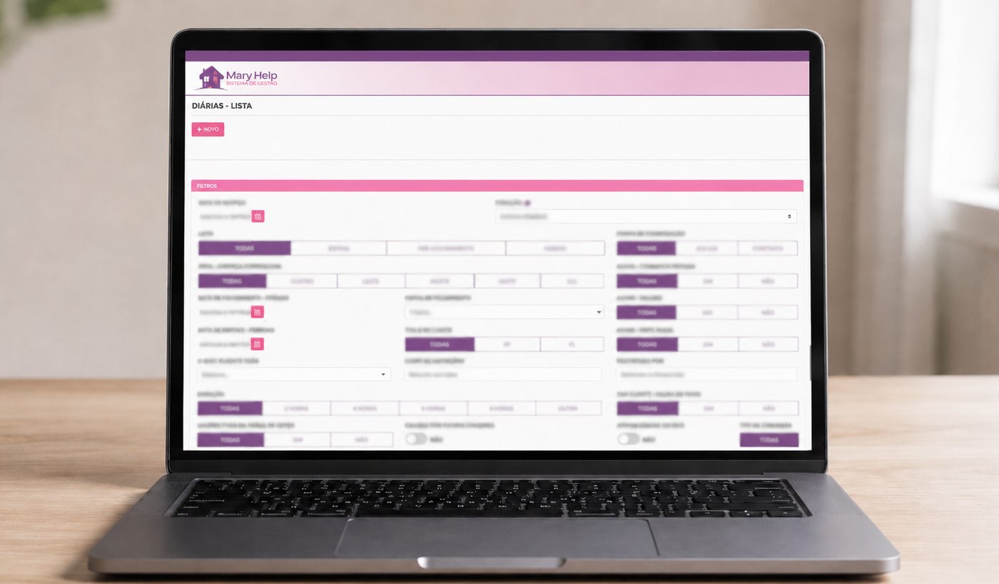 Sistema de gestão Mary Help exibido em laptop, com filtros e lista de diárias
